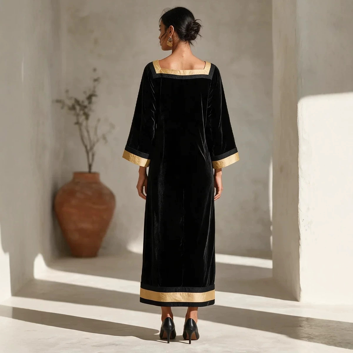 Retro Square-Neck Black Velvet Midi Dress with Gold Trim, Nine-Sleeve A-Line Party Dress