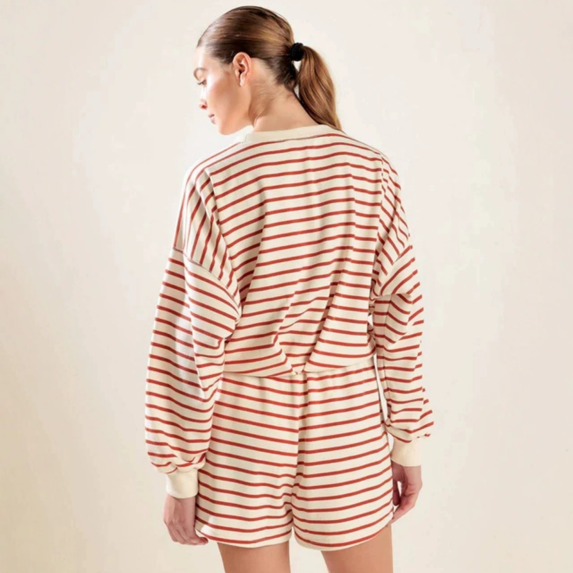 Women's Striped Two-Piece Set with Crew Neck Long-Sleeve Top and Shorts
