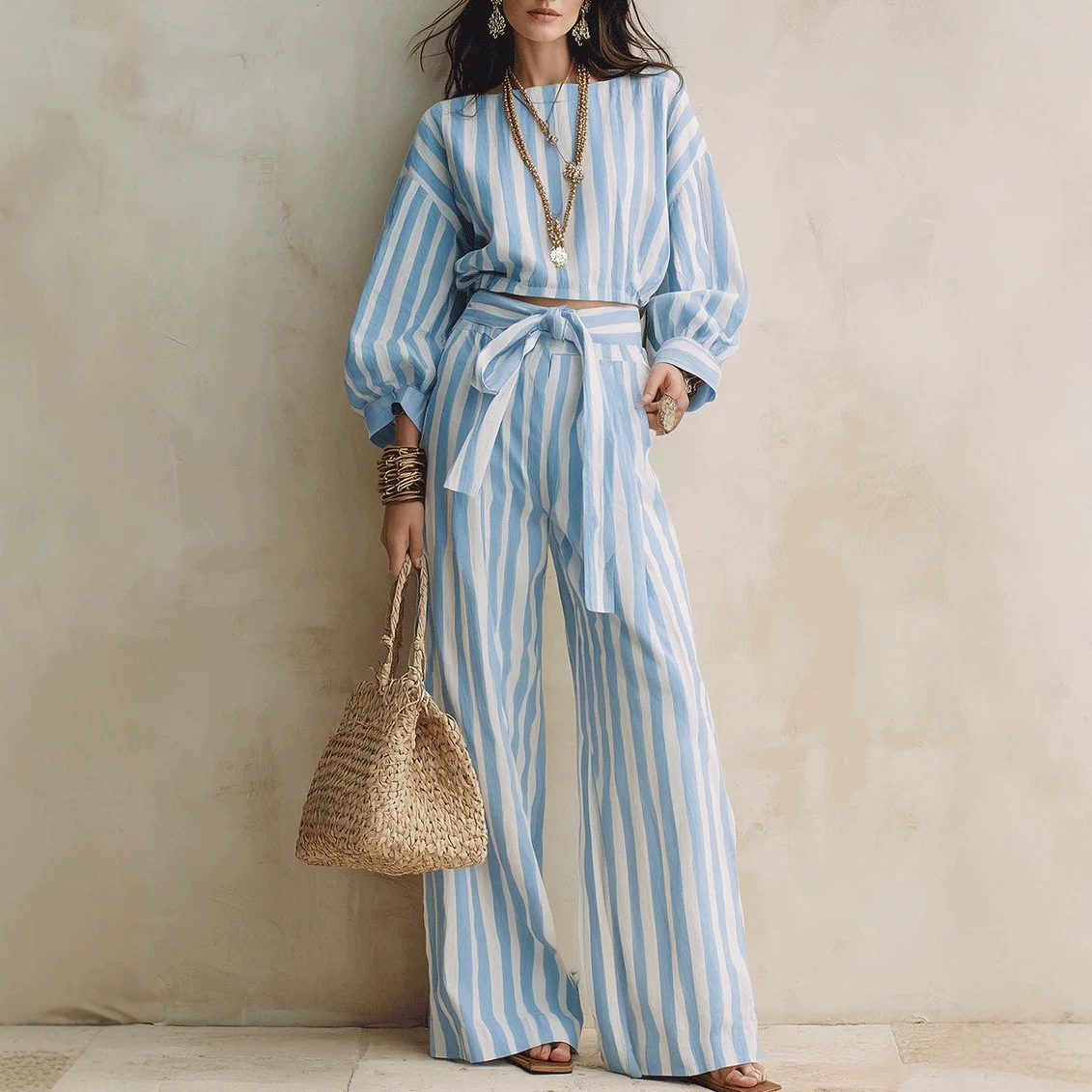 Striped Short Top & Wide-Leg Pants Set with Tie