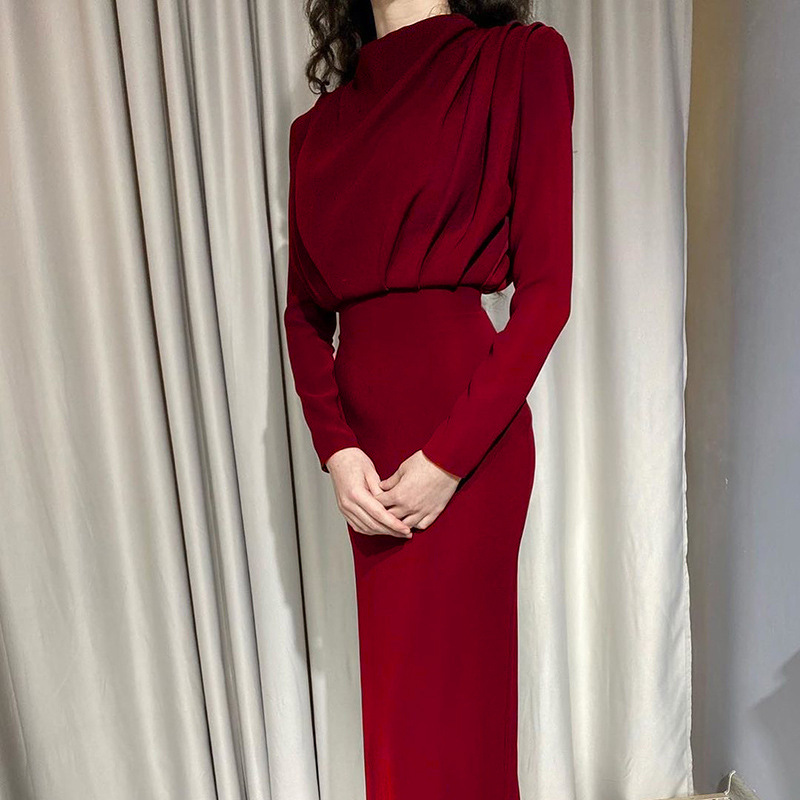 Women's Long Sleeve Solid Color Waist-Cinching Midi Dress