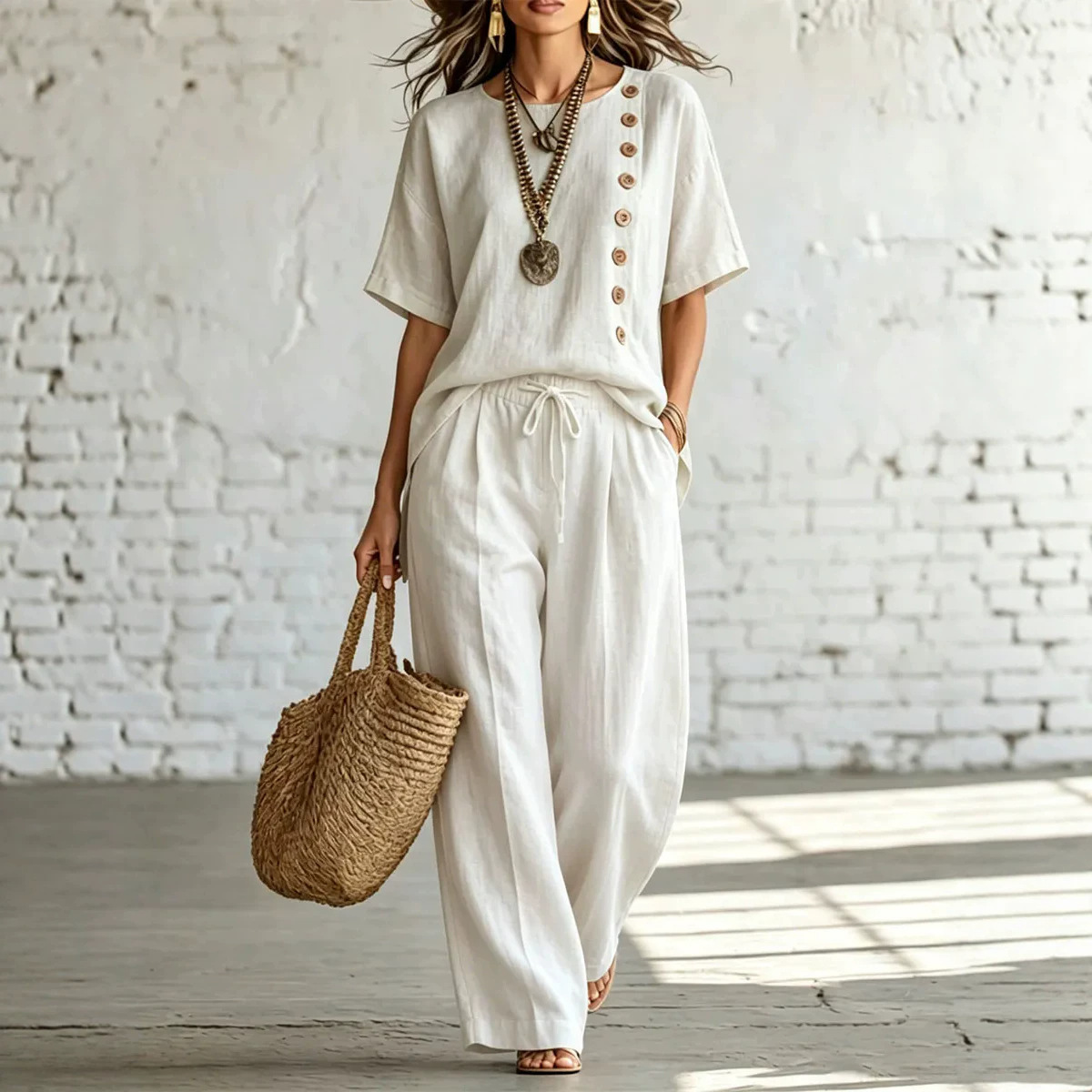 Women's Short Sleeve Side Button Loose Two-Piece Pant Set