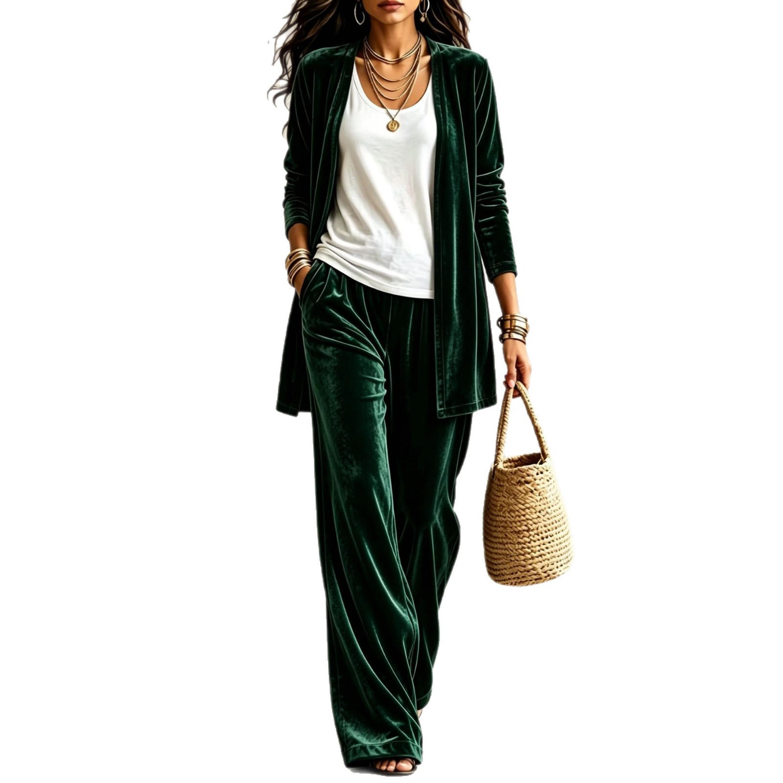Women's 2-Piece Lounge Set: Solid Long Cardigan & High-Waist Wide-Leg Pants