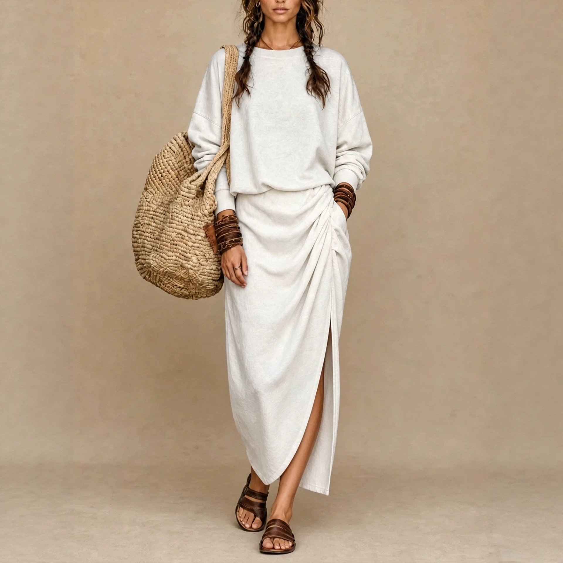 Women's Long Sleeve Crewneck Ruched Slit Knit Loose Casual Dress