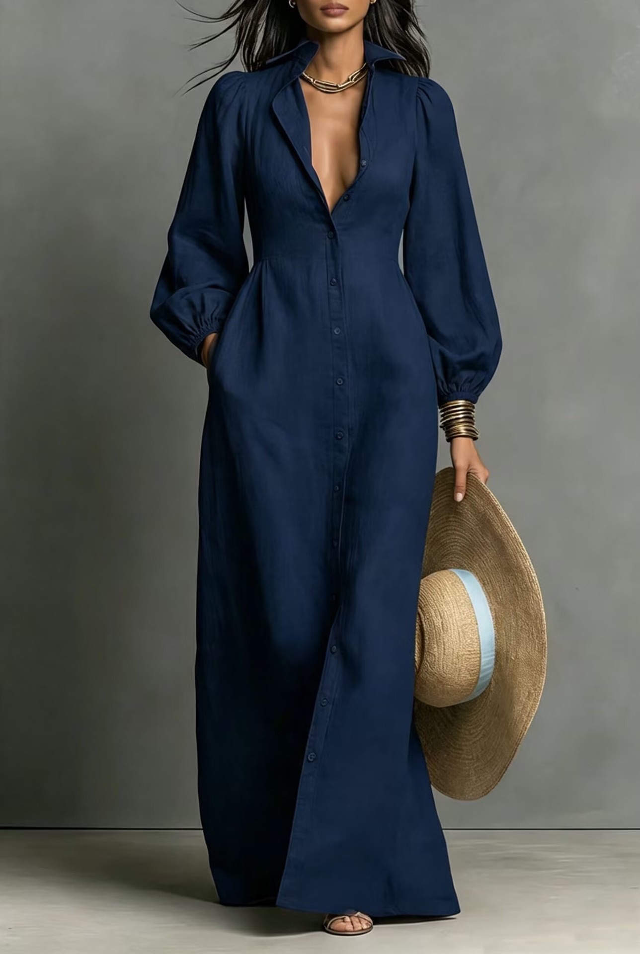 Lantern Sleeve Button-Front Long Shirt Dress Retro Casual