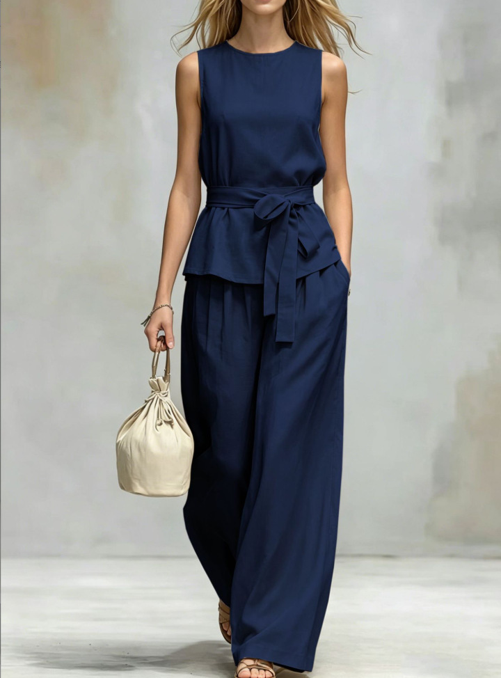 Women's Sleeveless Cotton-Linen Two-Piece Set with Belt