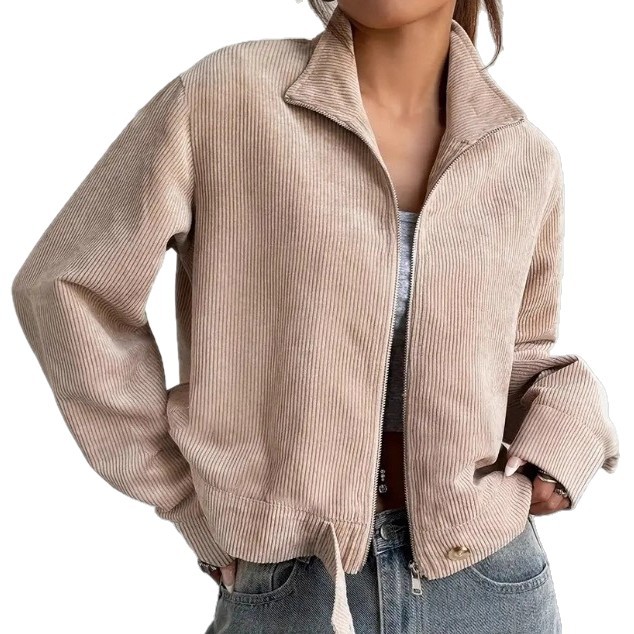 Corduroy Women's Jacket with Drop Shoulder and Lapel Collar