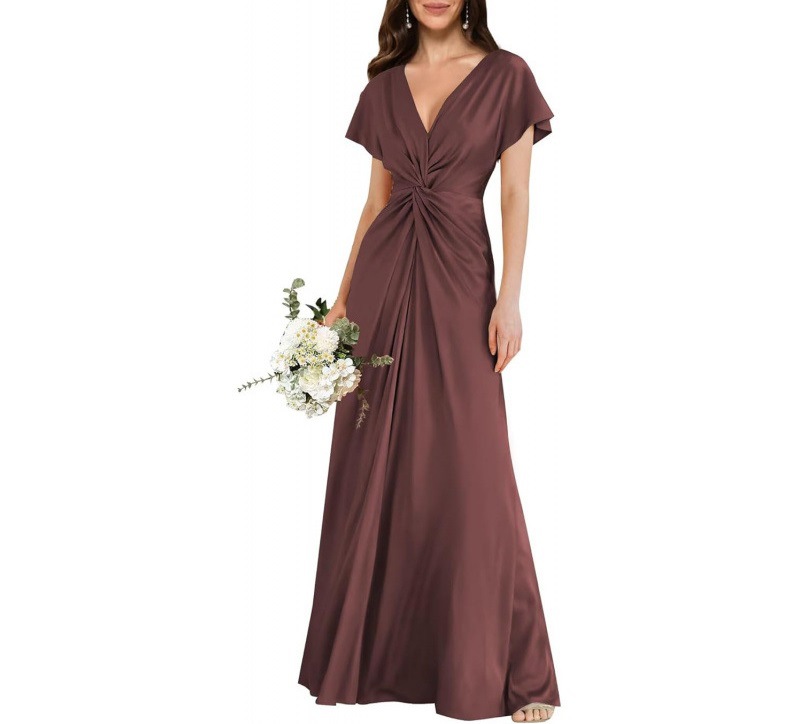 Satin Short Sleeve A-Line Dress V-Neck Midi Formal Party Bridesmaid