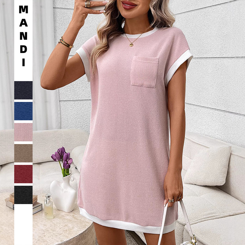 Women's Color-Block Short-Sleeve Pocket Dress Casual Crew Neck