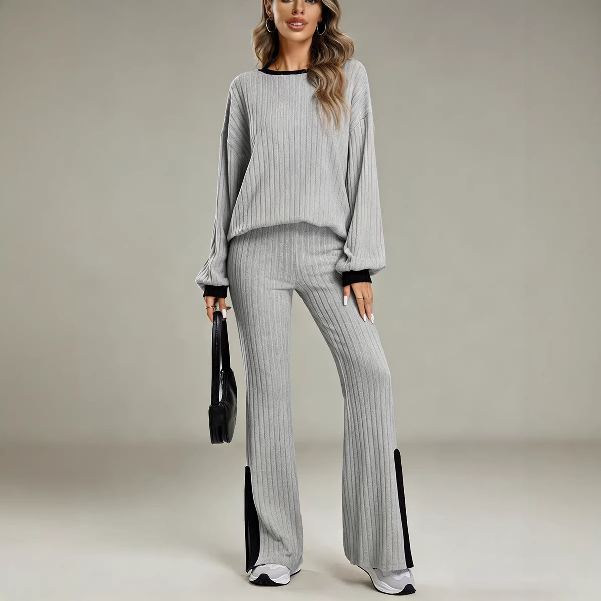 Women's Casual Crewneck Long-Sleeve Sweatshirt and Wide-Leg Pants Two-Piece Set