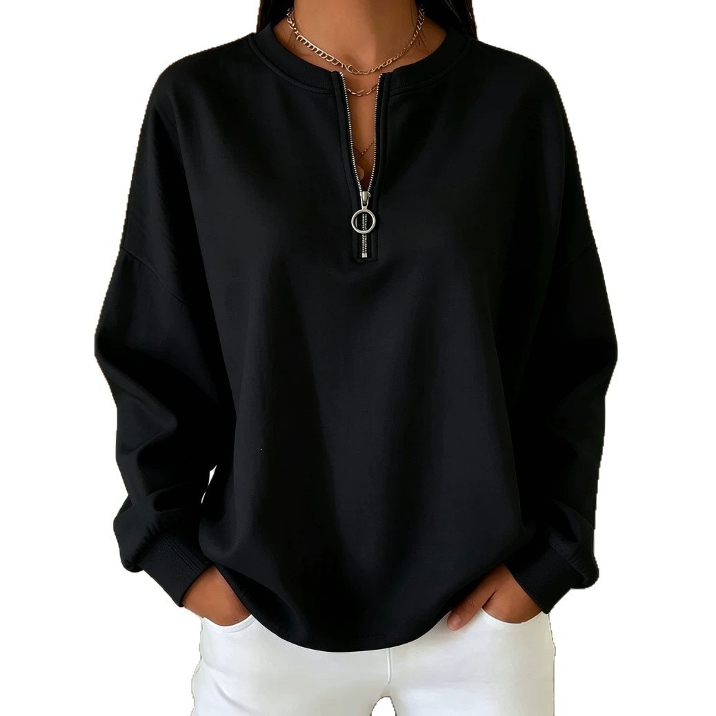 Women's Loose Half-Zip Pullover Sweatshirt Solid Color Long Sleeve Crewneck