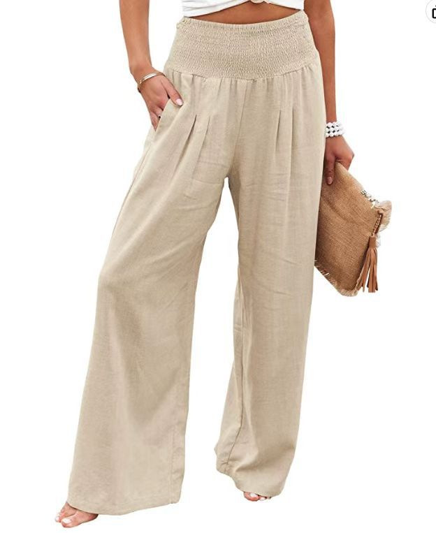 Women's Summer Wide-Leg Cotton-Linen Blend Pants Casual Loose Long Trousers