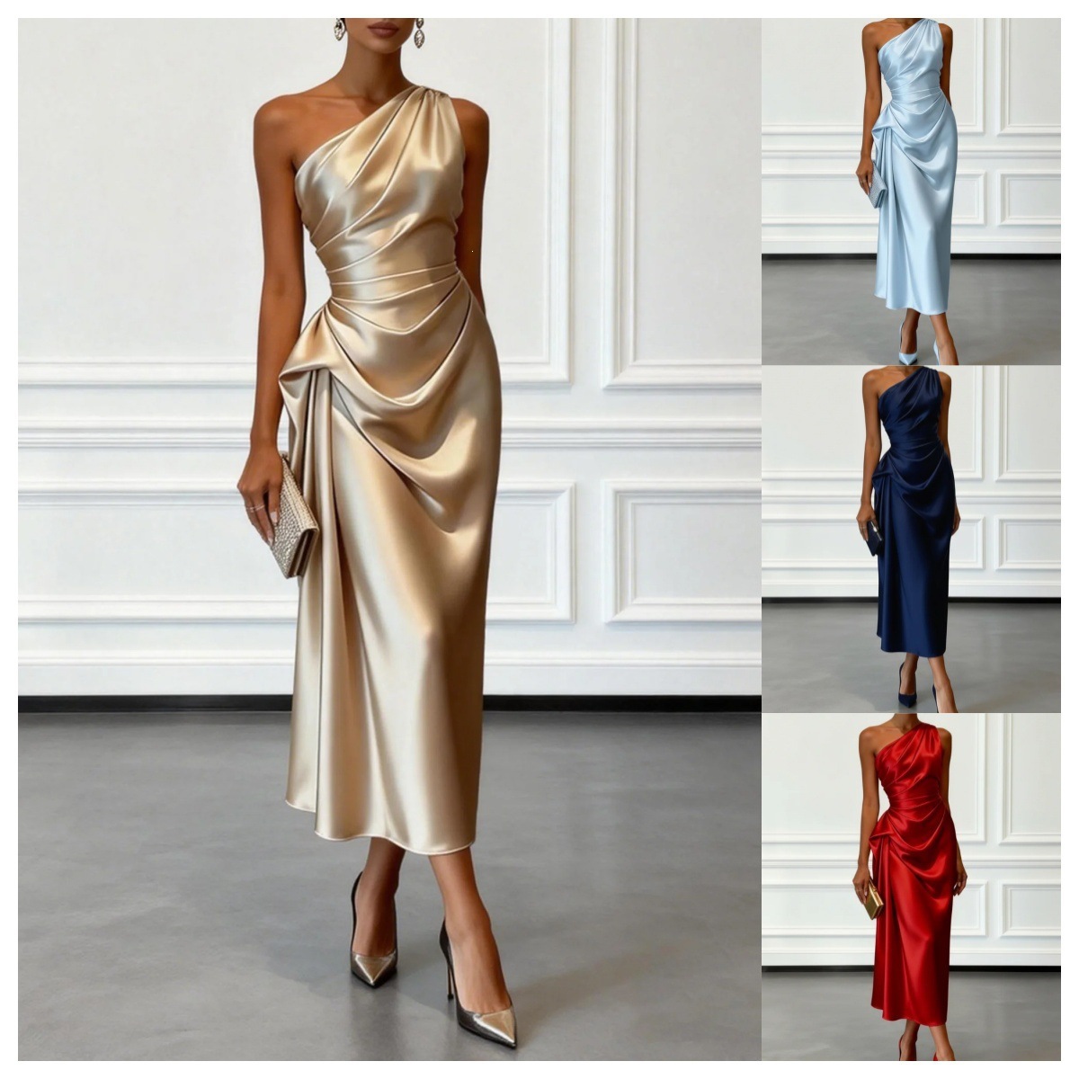 Satin Ruched Waist Sleeveless Evening Dress