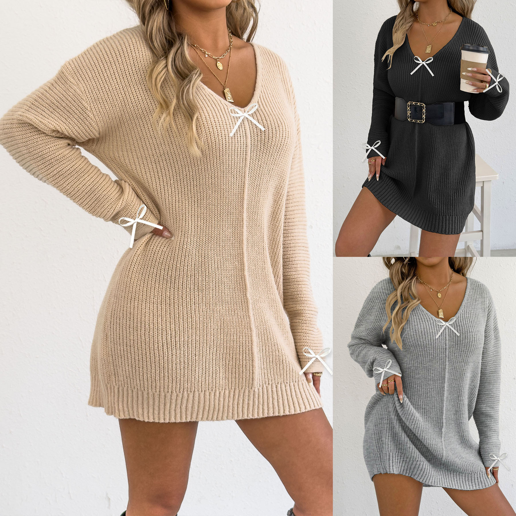 Women's Deep V Ribbon Bow Knit Sweater Dress