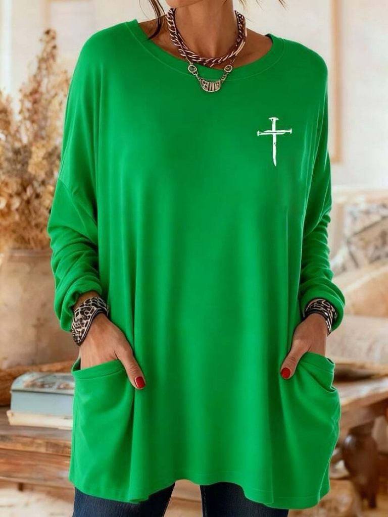 Women's Cross Print A-Line Midi Dress Long Sleeve Crew Neck Casual