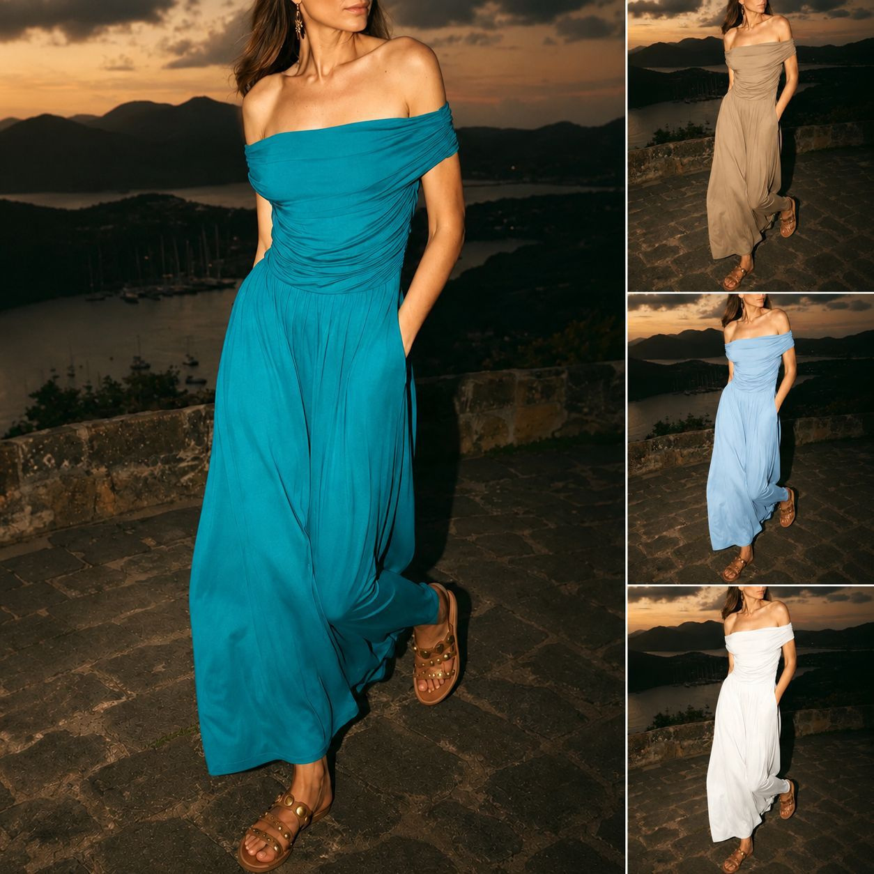 Off-Shoulder Waist-Cinching Maxi Dress with Draped Pleats