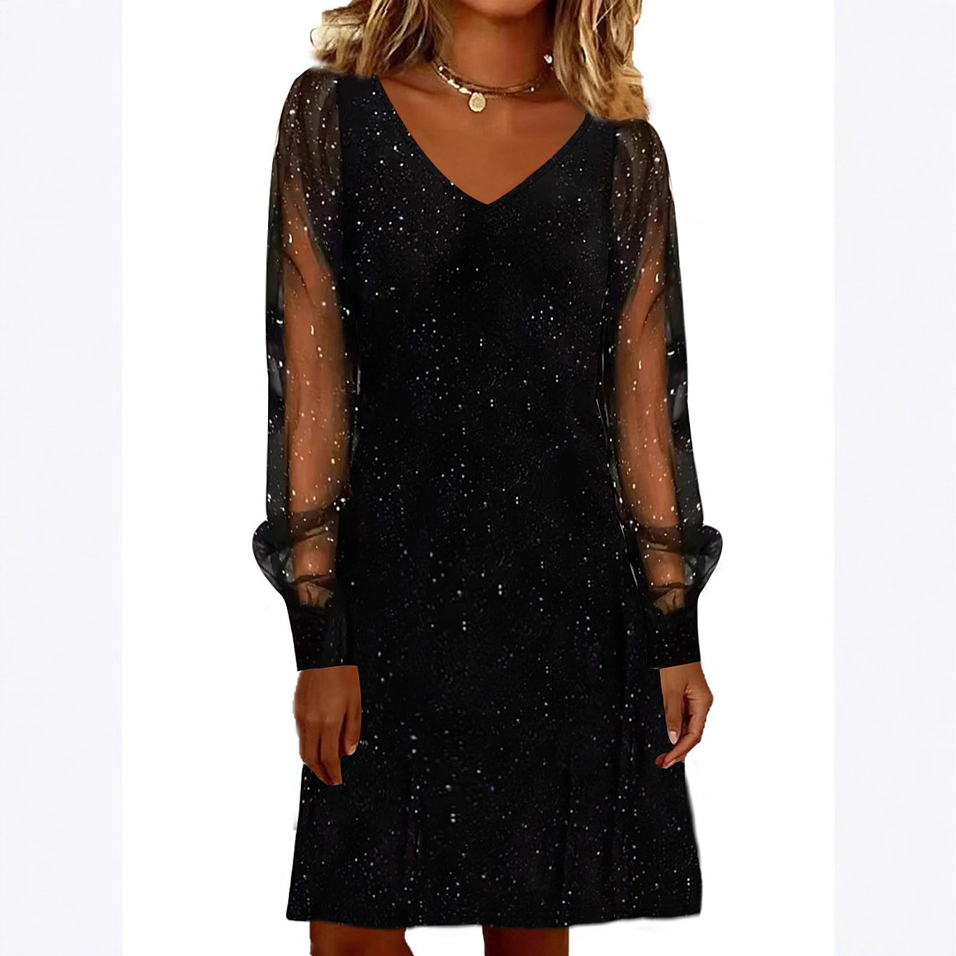 Starry Sky V-Neck Mesh Sleeve Midi Party Dress