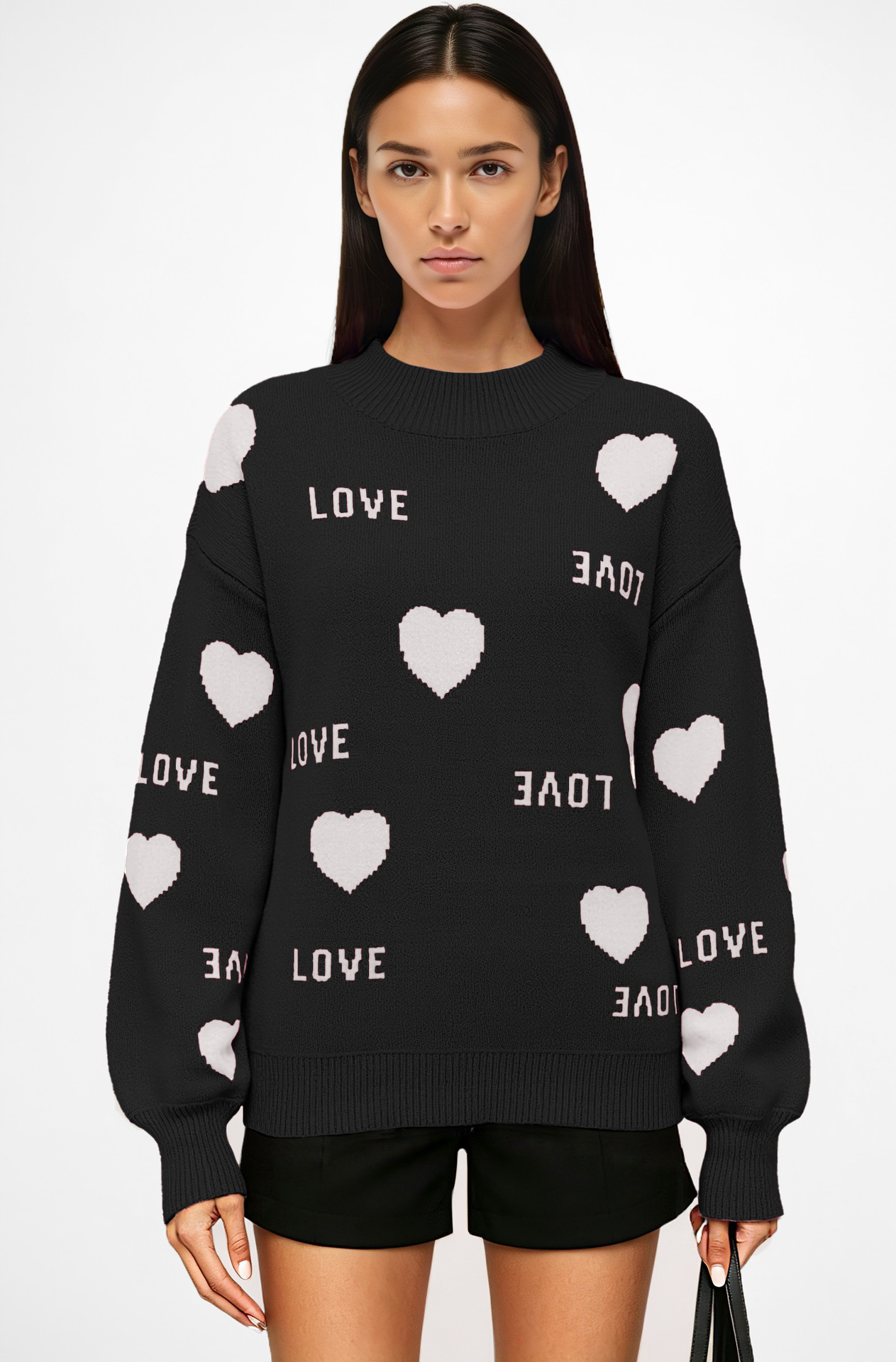 Heart Crewneck Knit Sweater Colorblock Pullover