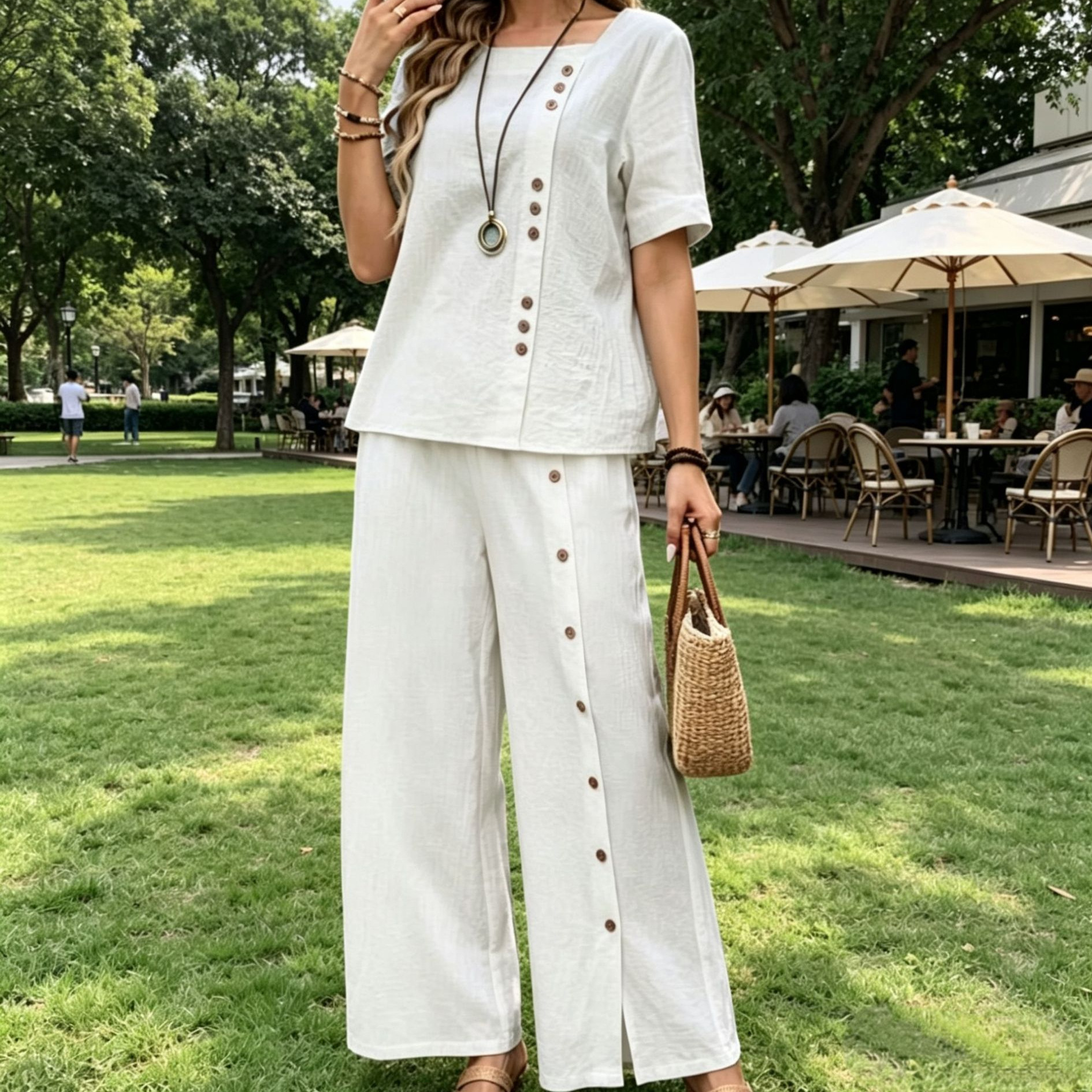 Cotton-Linen Two-Piece Set Short-Sleeve Button Top & Wide-Leg Pants