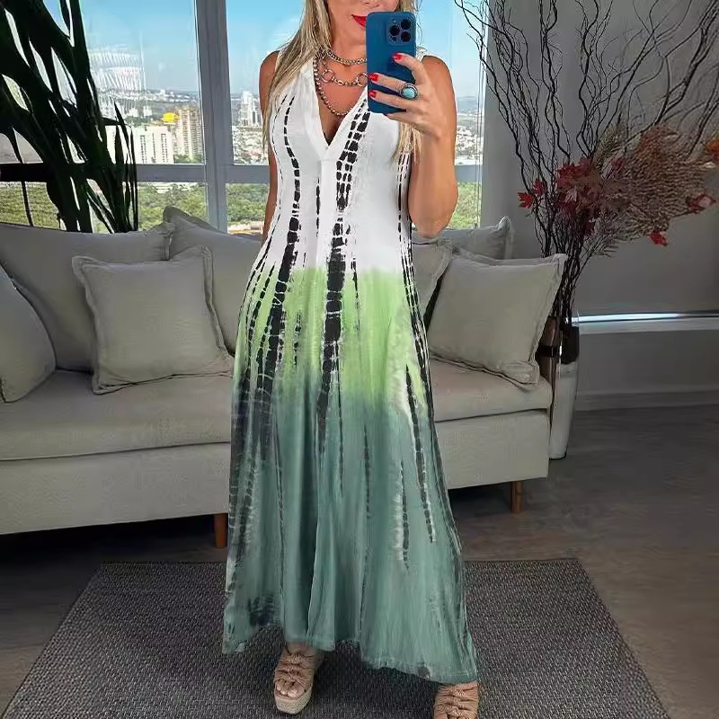V-Neck Printed A-Line Maxi Dress Sleeveless Casual