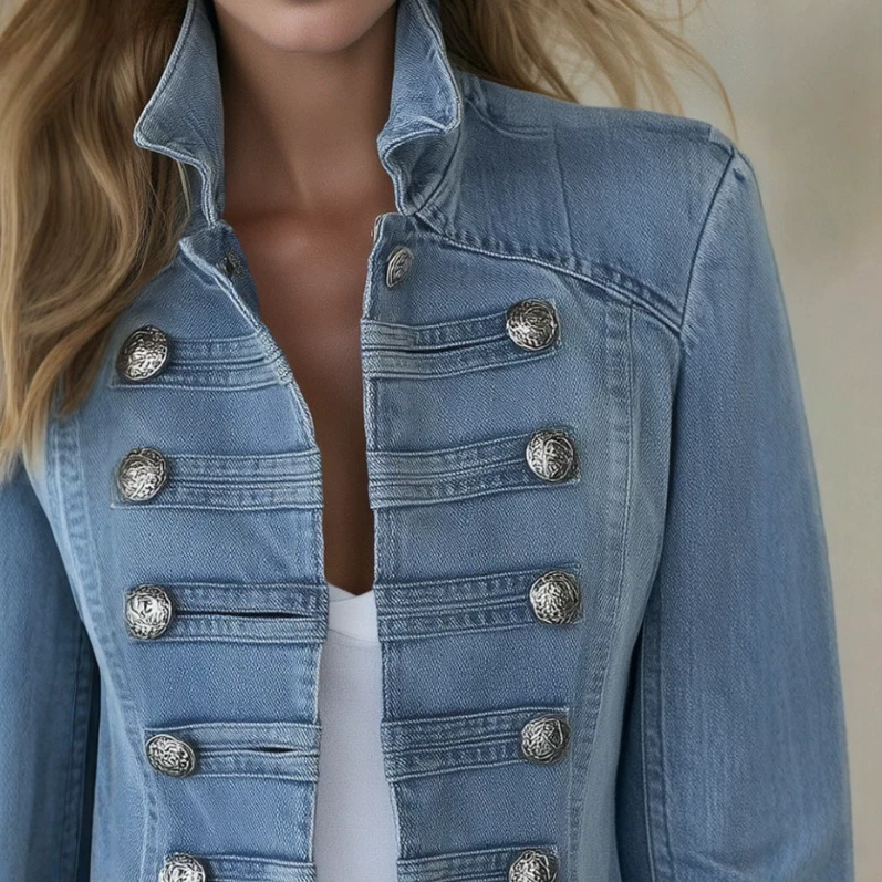 Women's Vintage Slim-Fit Light Wash Denim Jacket with Decorative Buttons