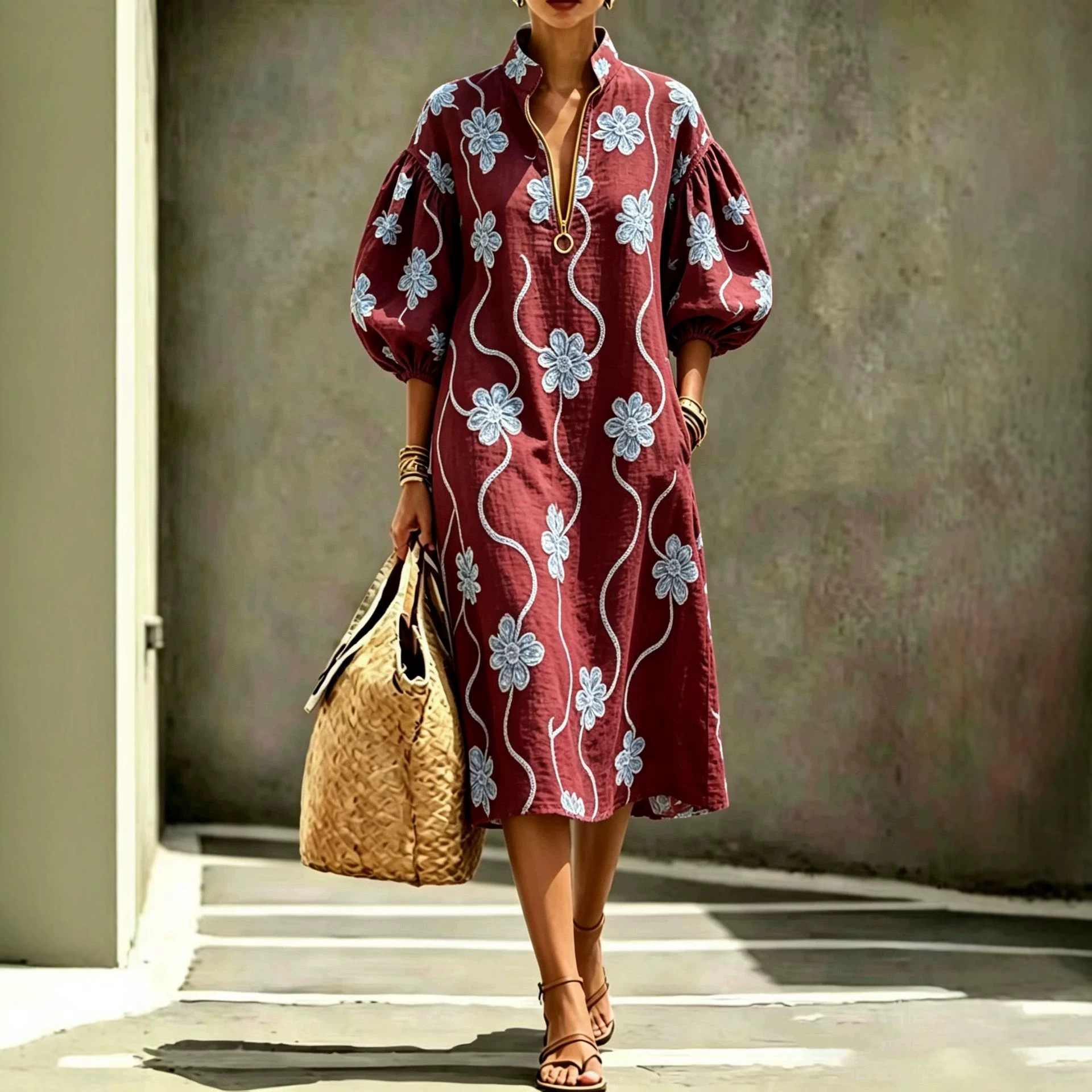 Women's Casual Loose Stand Collar Puff Sleeve Half-Zip Dress