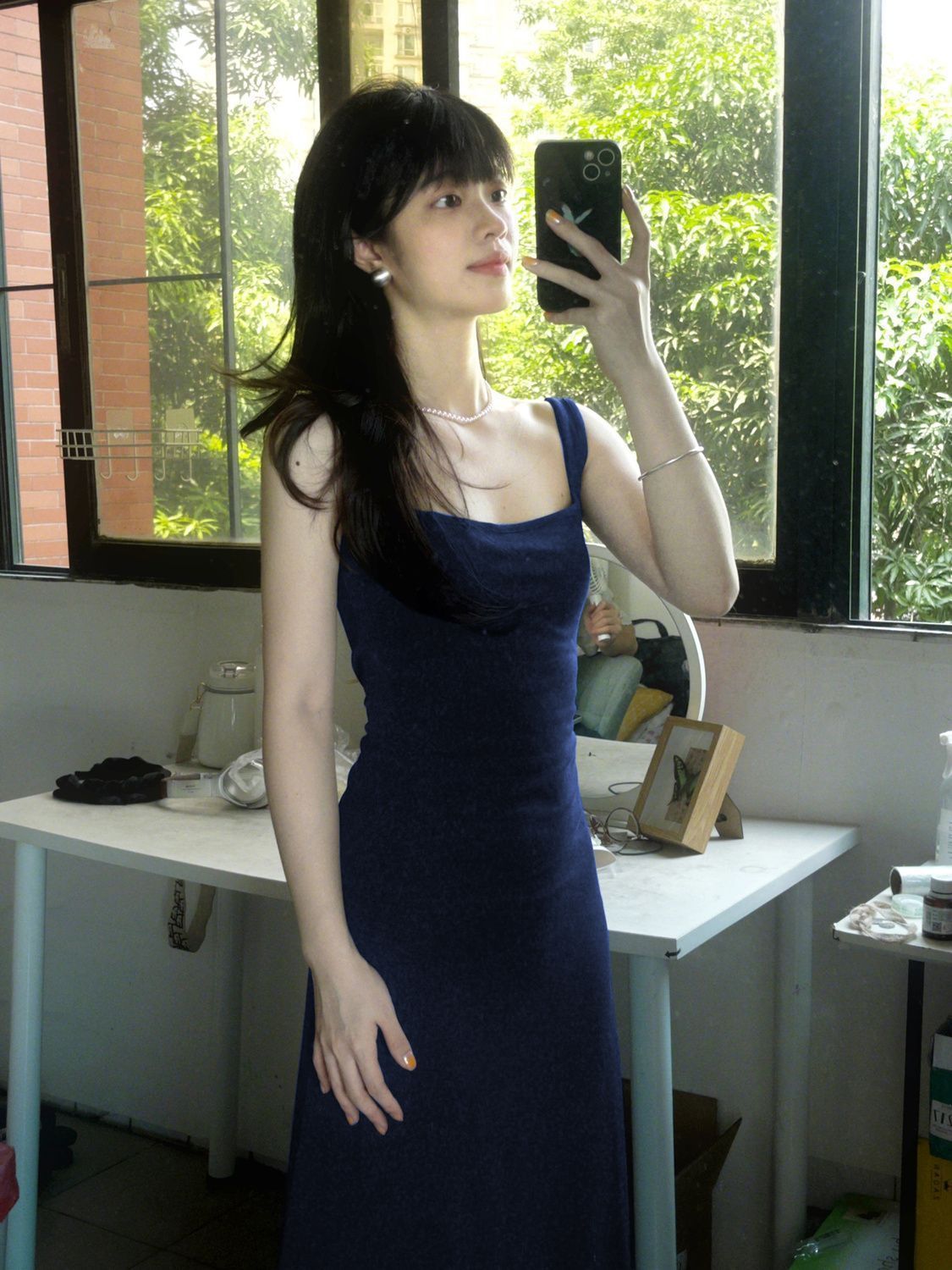 Navy Square Neck Sleeveless Bodycon Midi Dress