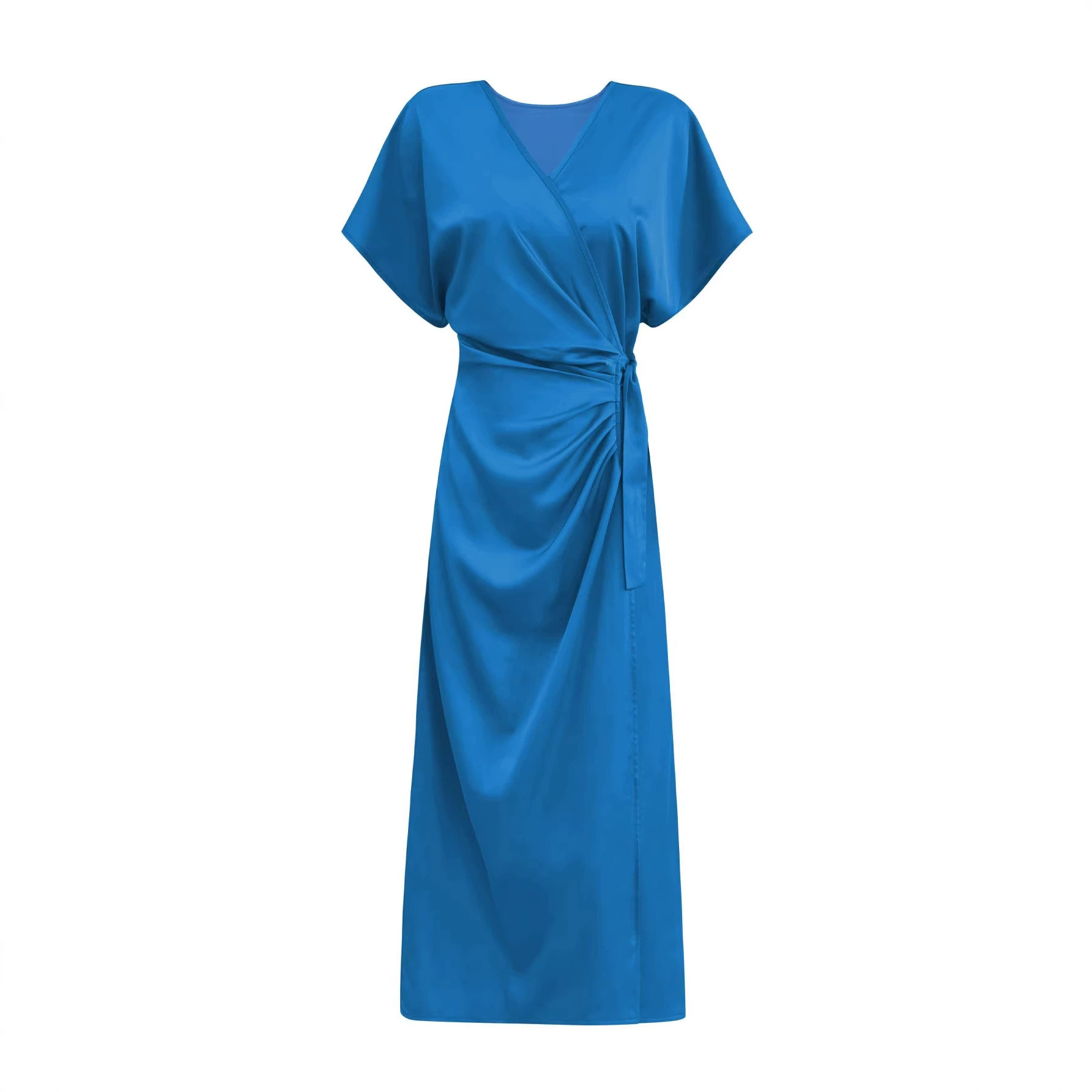 Satin V-Neck Tie-Waist Midi Dress Elegant Women's