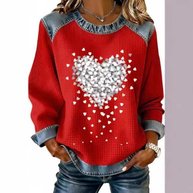 Women's Heart Print Crewneck Sweatshirt Casual Pullover