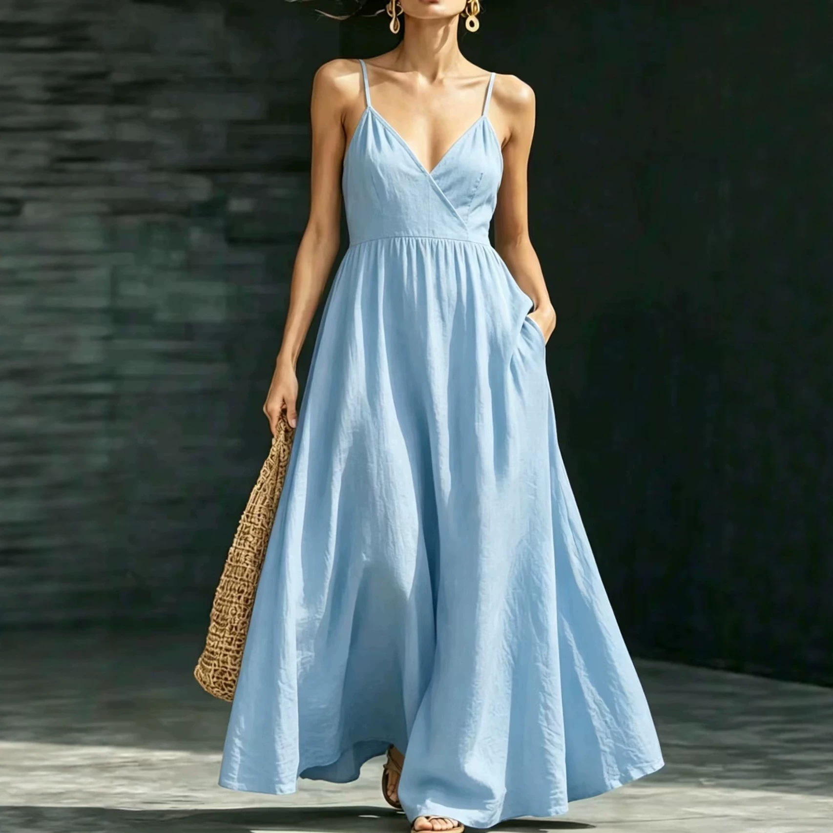V-Neck Sleeveless Midi Dress with Pockets Elegant Casual