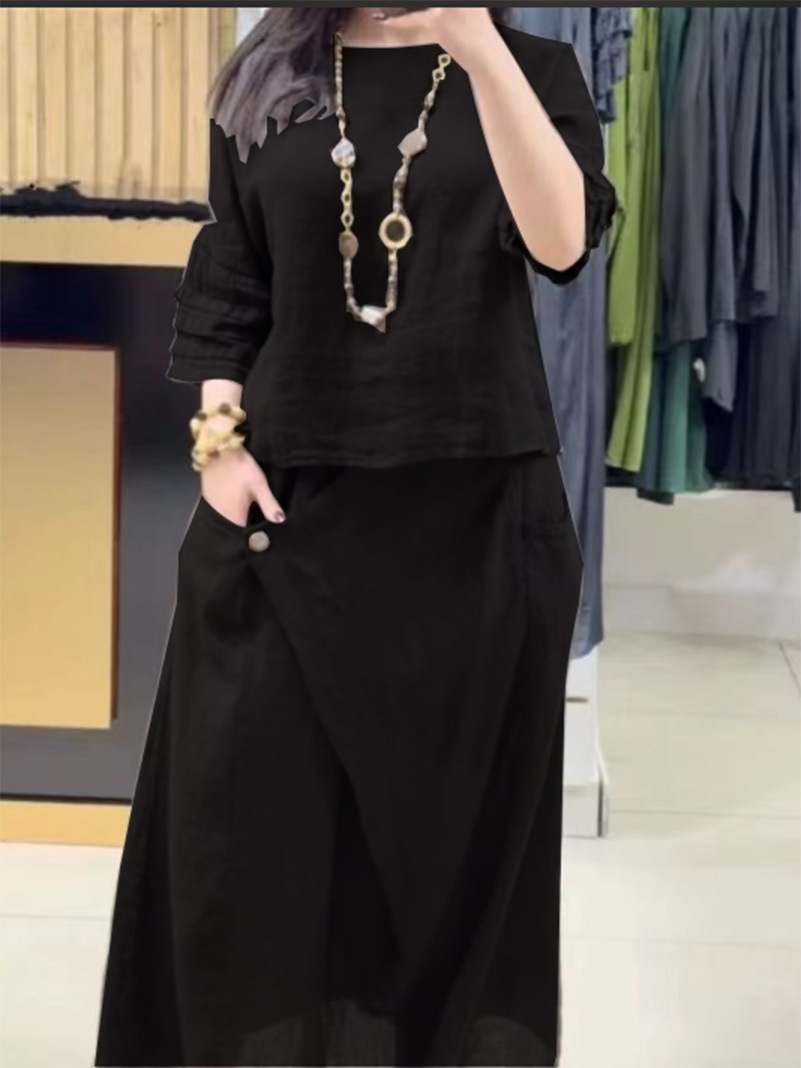 Women's Cotton-Linen Two-Piece Set Casual Solid Color Loose Long Pants