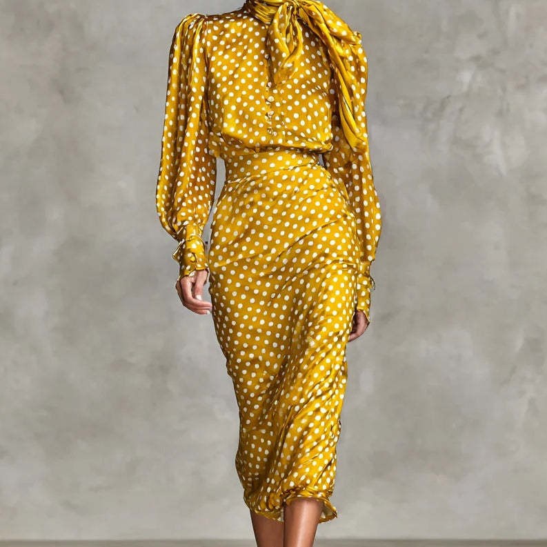 Polka Dot Tie-Neck Long-Sleeve High-Neck Blouse and Pencil Skirt Two-Piece Set
