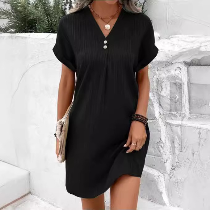 V-Neck Solid Color Button A-Line Short Dress