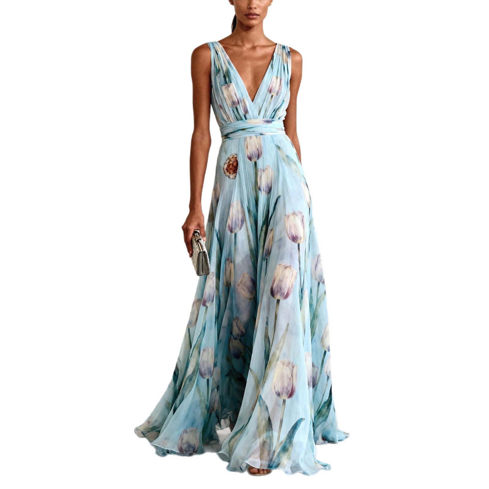 French Vintage Floral Print Long Dress with Waist and Pleated Details