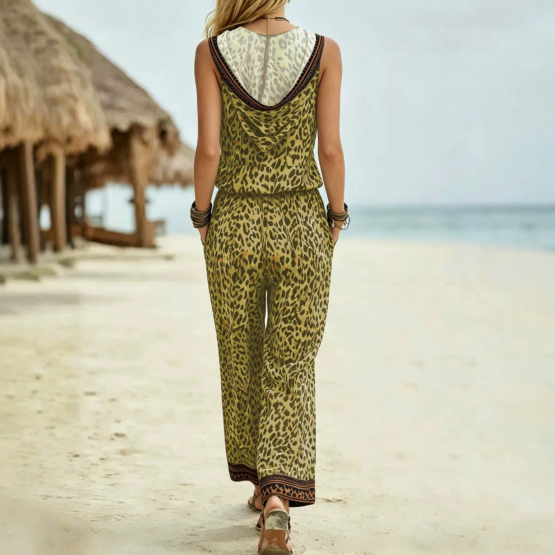 Leopard Print Sleeveless Hooded Vest & Wide-Leg Pants Set with Side Pockets