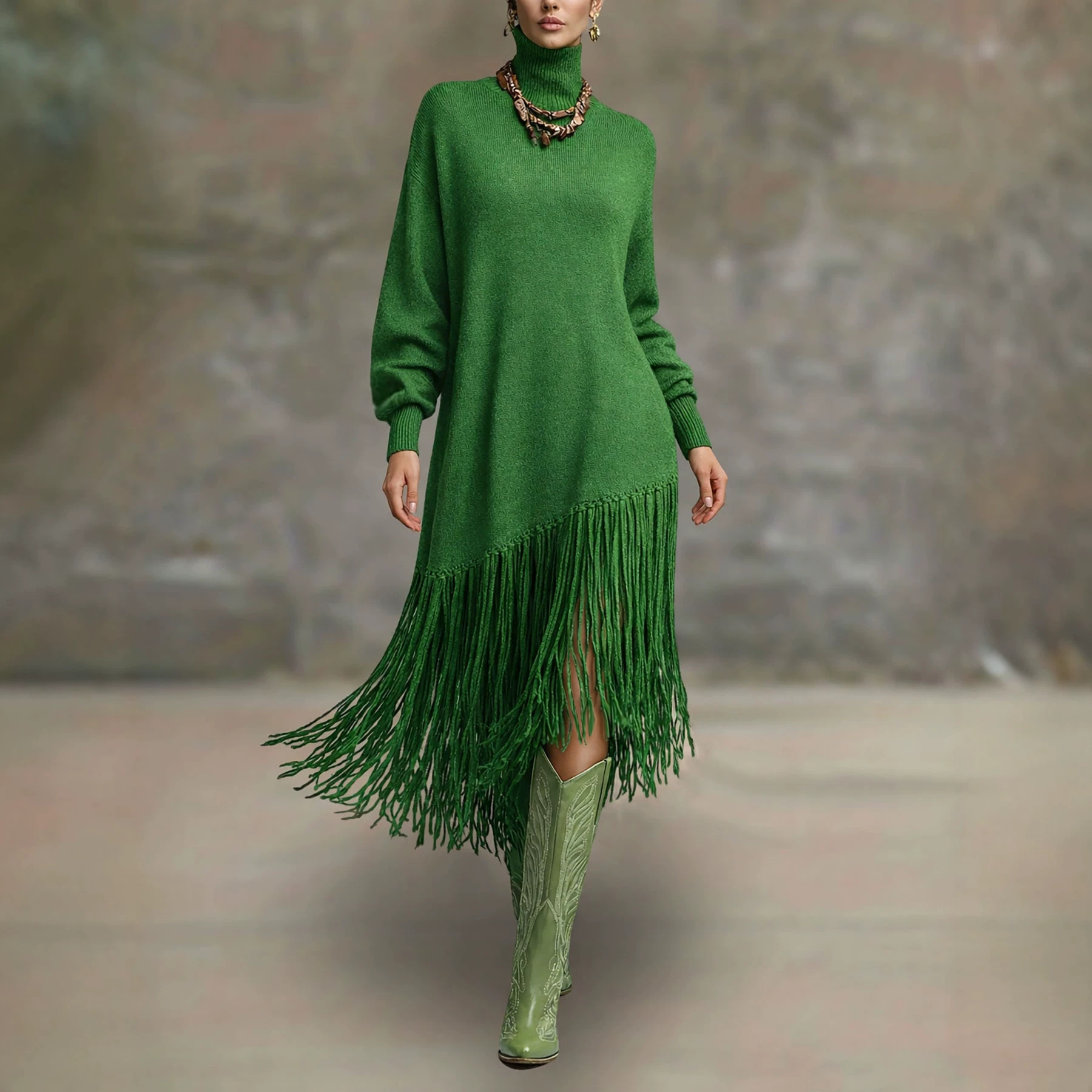 Women's Bohemian Long Fringe A-Line Midi Dress