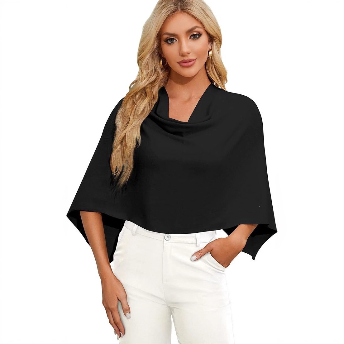 Women's Knit Cape Sweater Short Sleeveless Pullover Scarf Top
