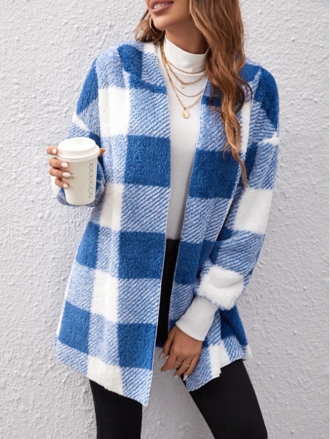 Women's Loose Plaid Fuzzy Cardigan Sweater