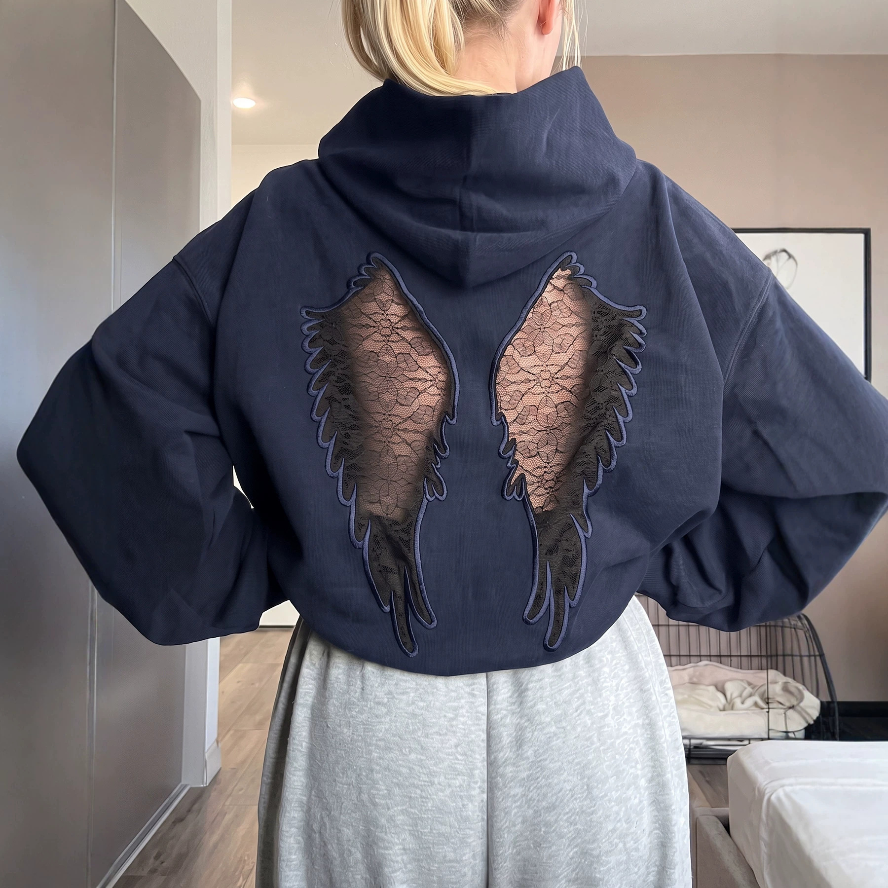 Women's Casual Hooded Cutout Embroidered Wing Long-Sleeve Sweatshirt