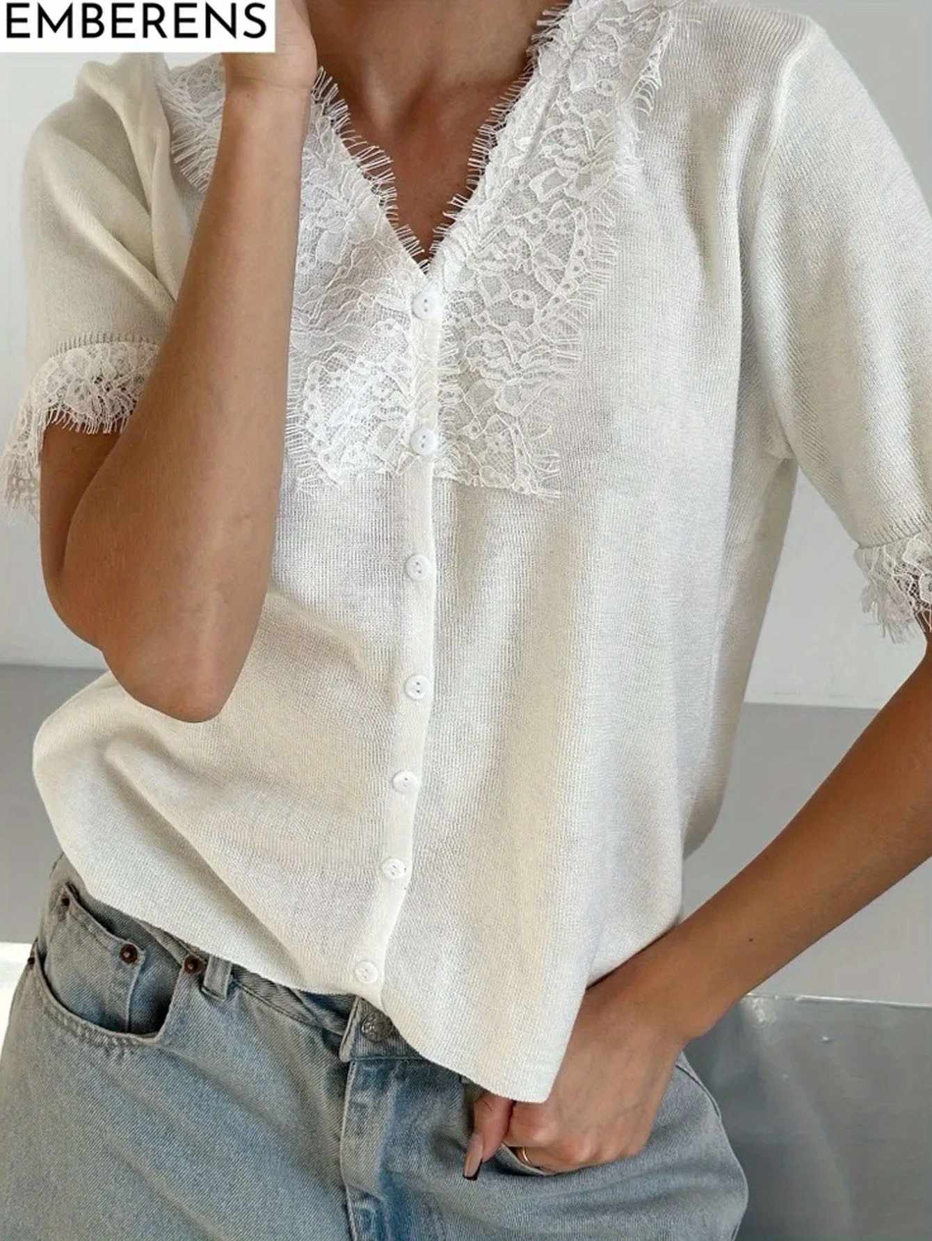 Women's Lace V-Neck Knit Cardigan Long Sleeve