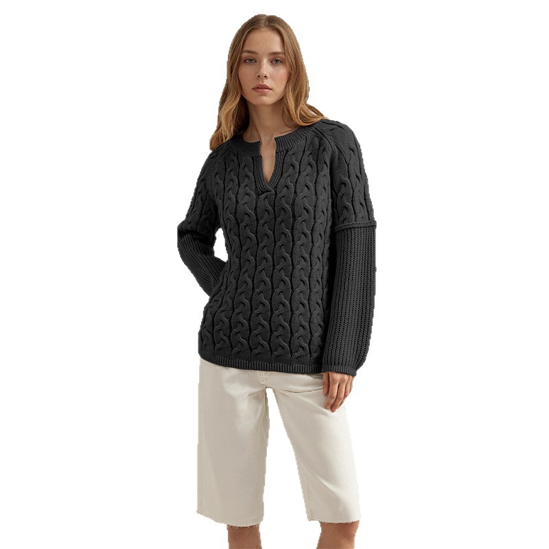 Cable-Knit V-Neck Long-Sleeve Sweater
