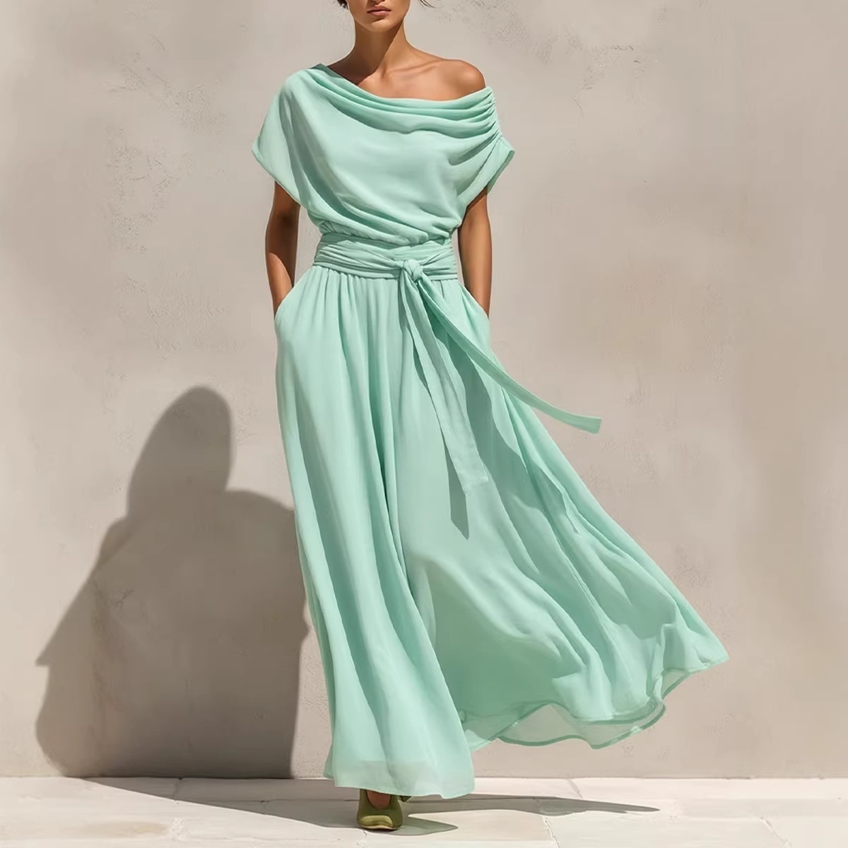 Boat Neck Short Sleeve Bohemian Chiffon Waist-Cinching Slimming Dress