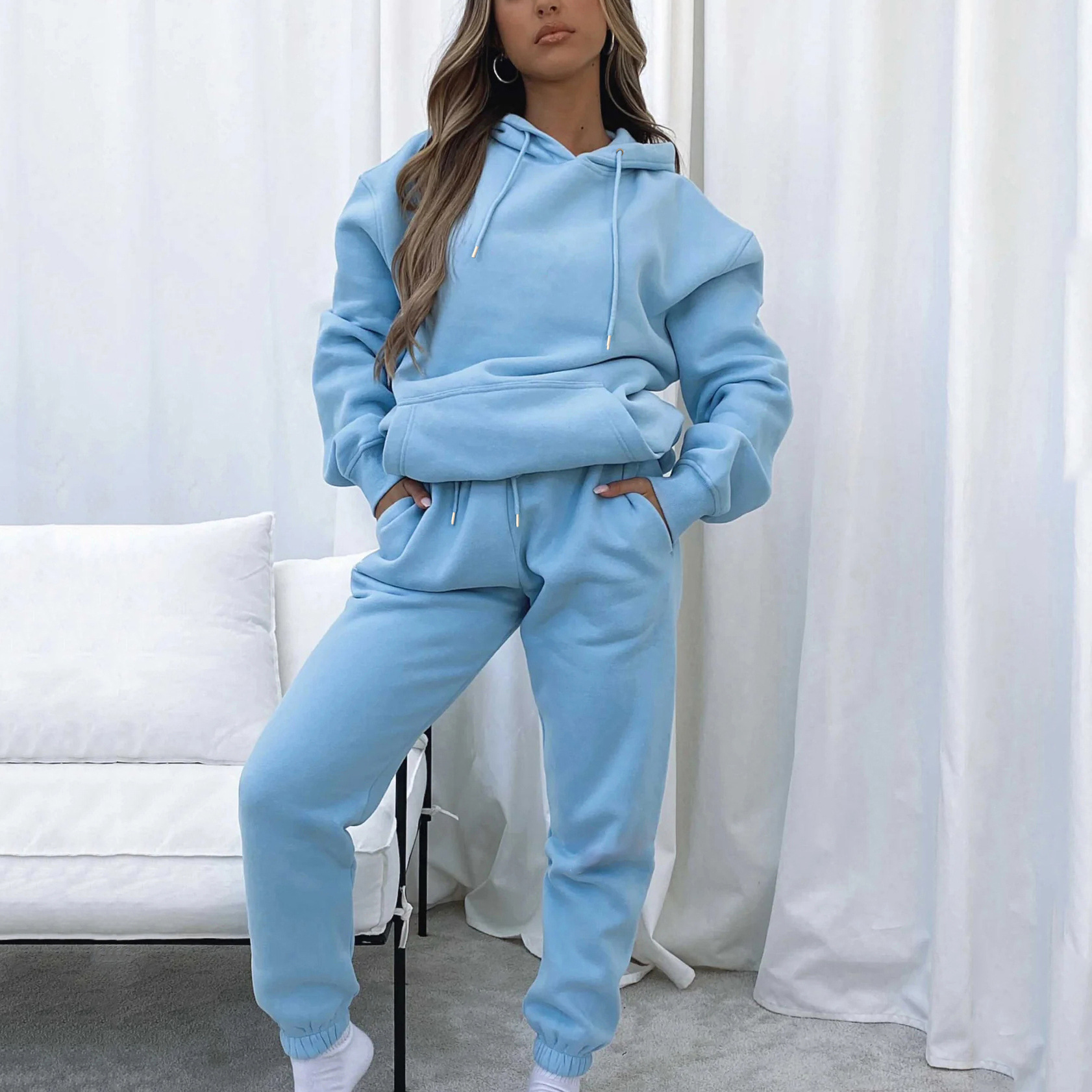 Women's Solid Hooded Long Sleeve Sweatshirt and Pants Set with Pockets