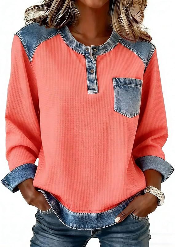 Faux Denim Patchwork Button Pocket Long Sleeve Crewneck Top