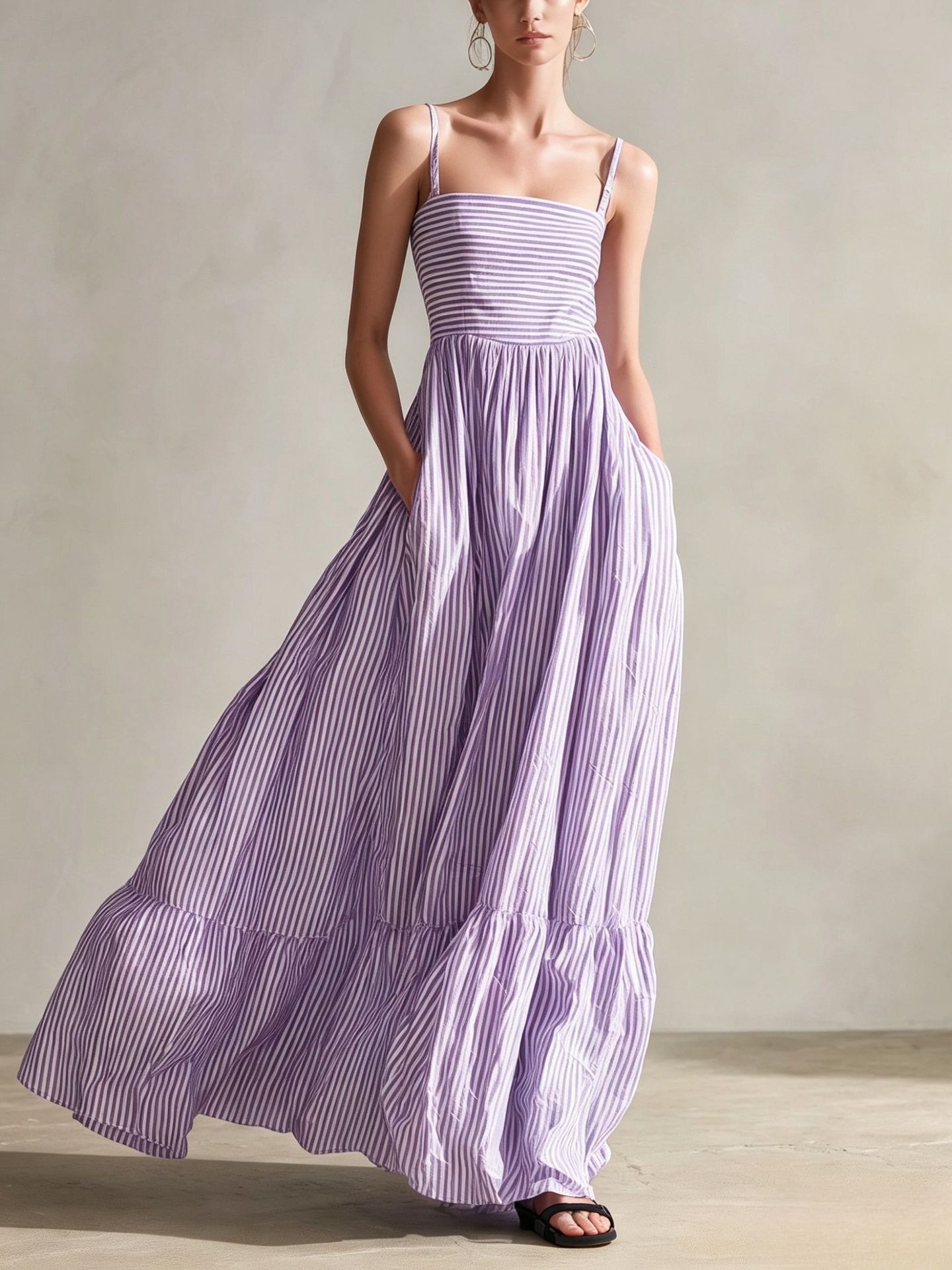 Women's Striped Sleeveless Square Neck Maxi Dress