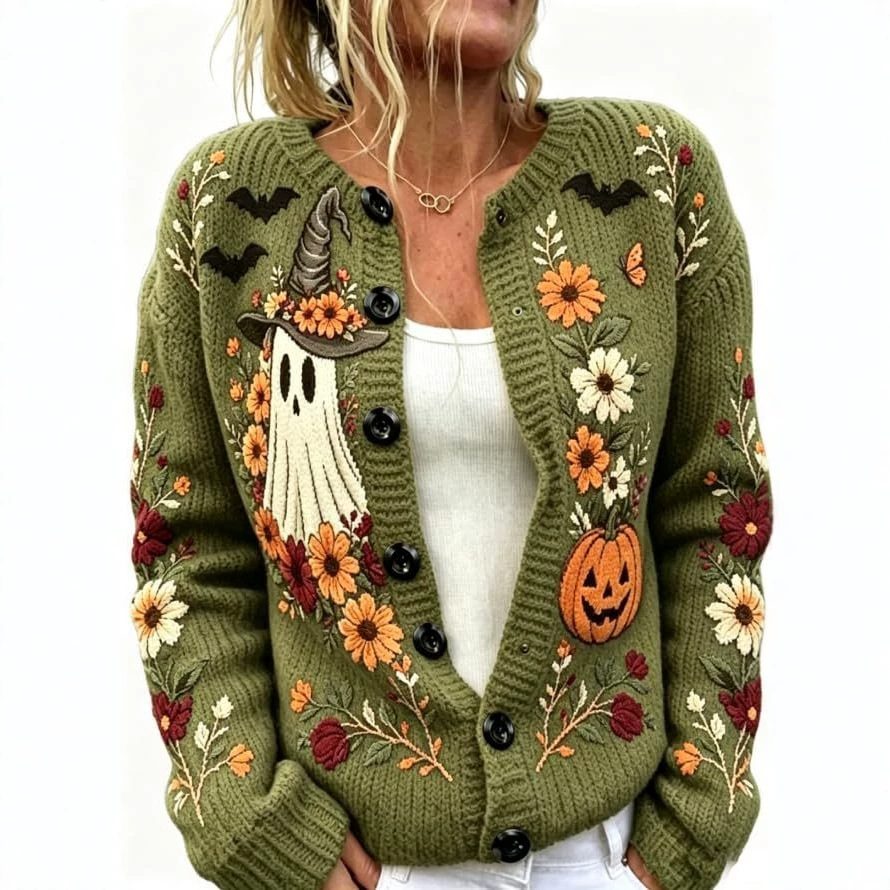 Women's Halloween Ghost Pumpkin Castle Floral Print Cardigan