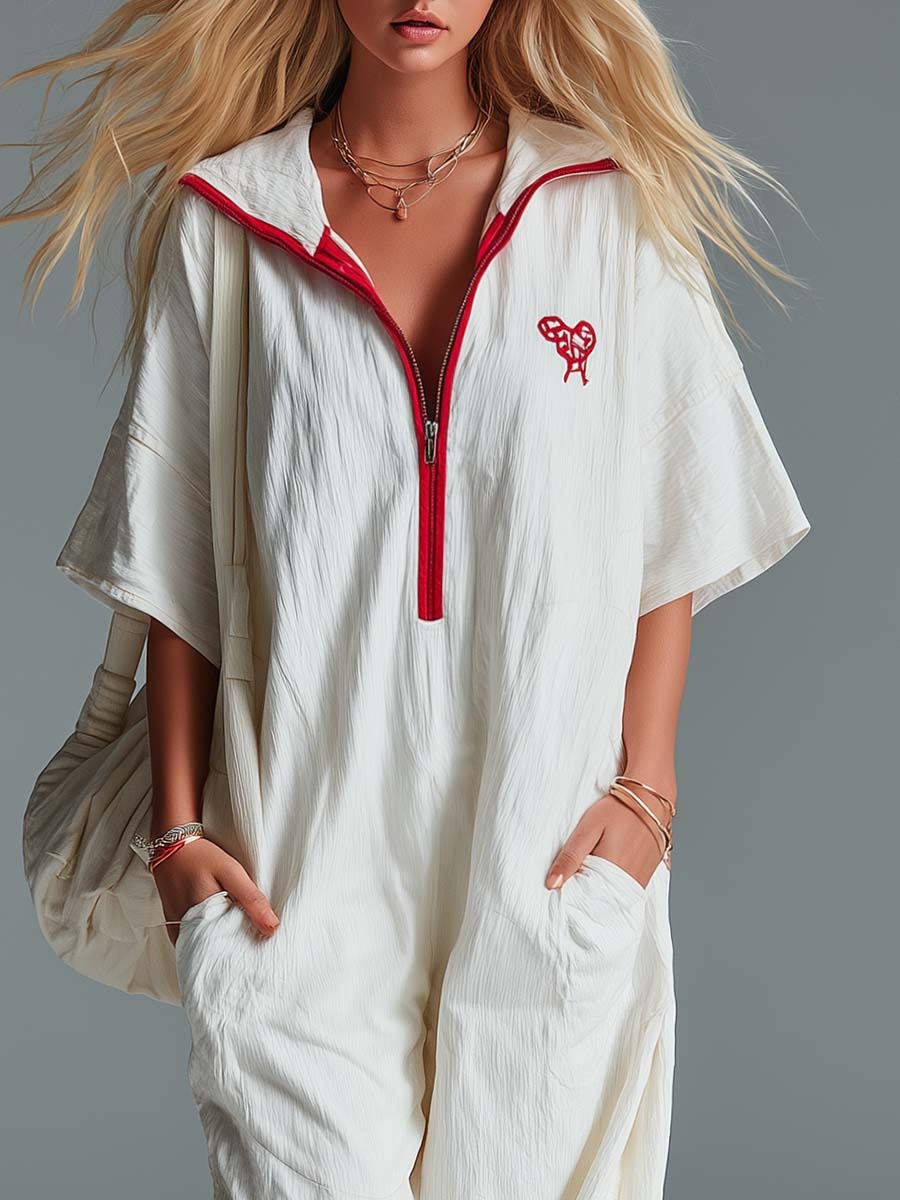 Casual Lapel Zip Red Trim Short Sleeve Beige Washed Cotton Jumpsuit