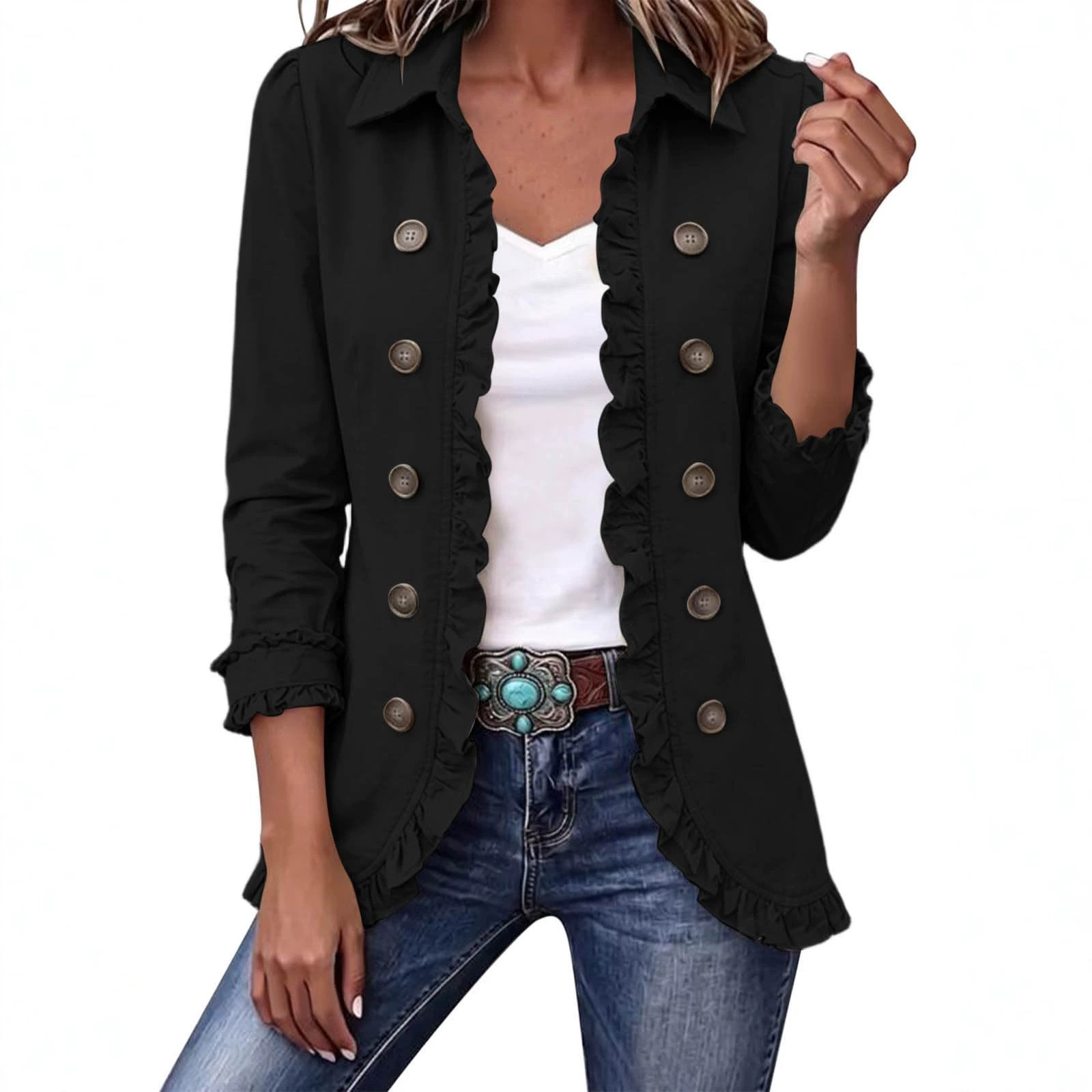 Ruffled Trim Solid Color Lapel Blazer Jacket
