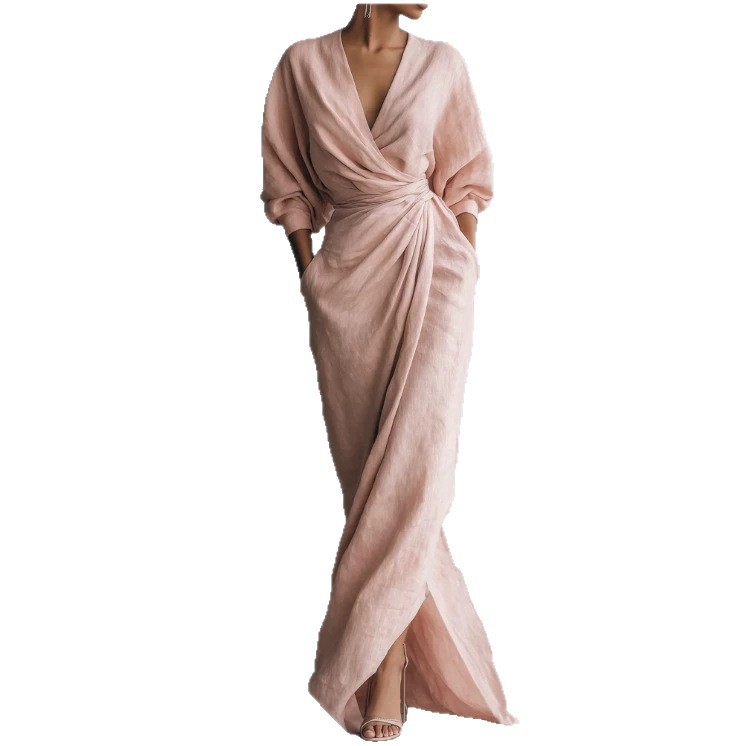 Women's Long Sleeve V-Neck Maxi Dress Solid Color Pleated A-Line Casual