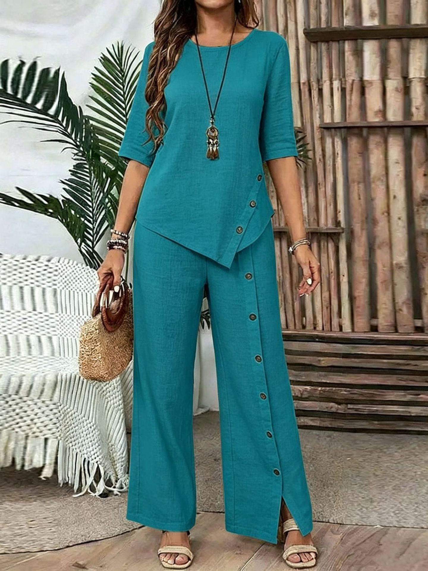 Women's Asymmetrical Hem Button Half-Sleeve Shirt and Pants Set