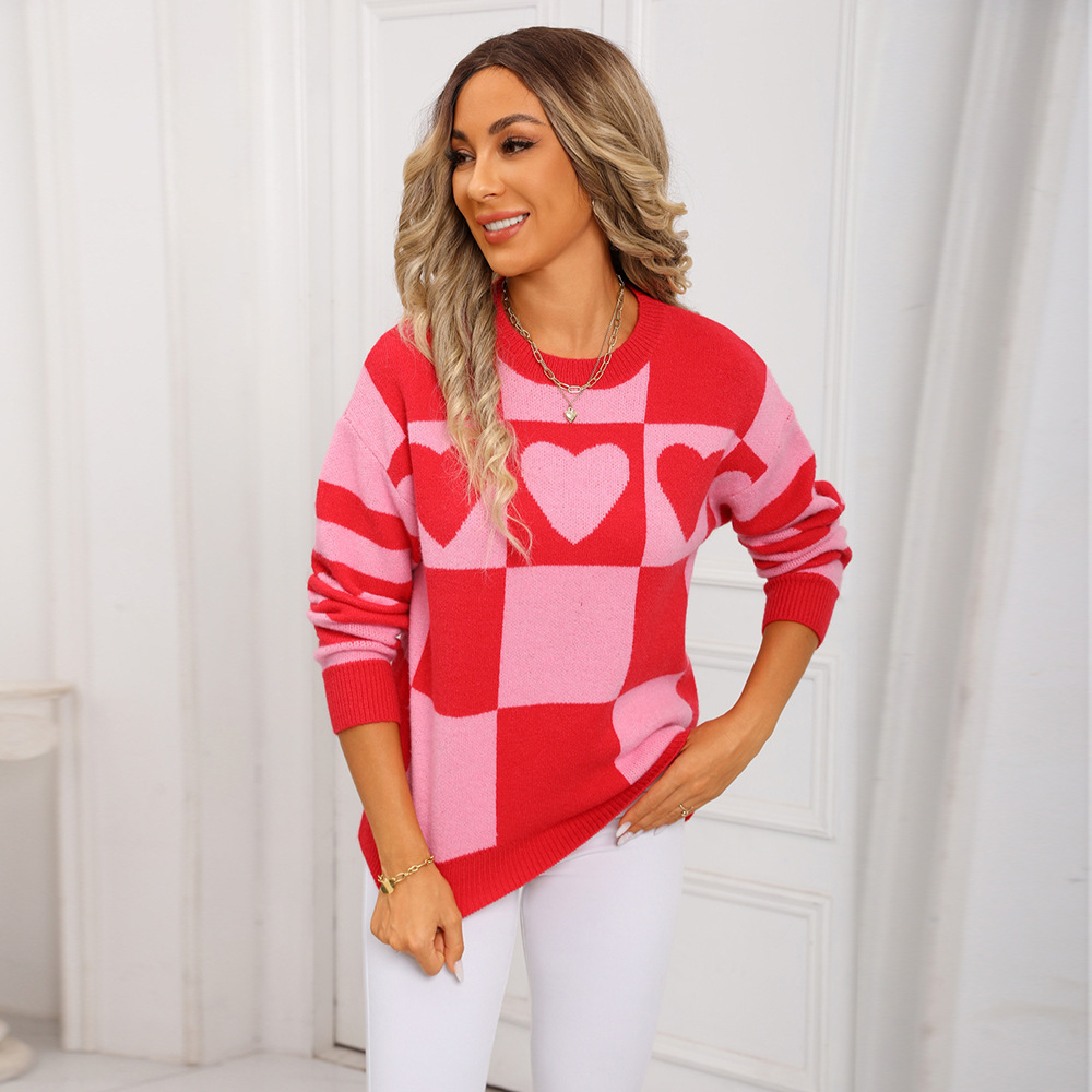 Colorblock Plaid Heart Pullover Sweater